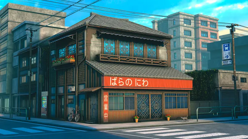 Stylized Japanese street environment course render