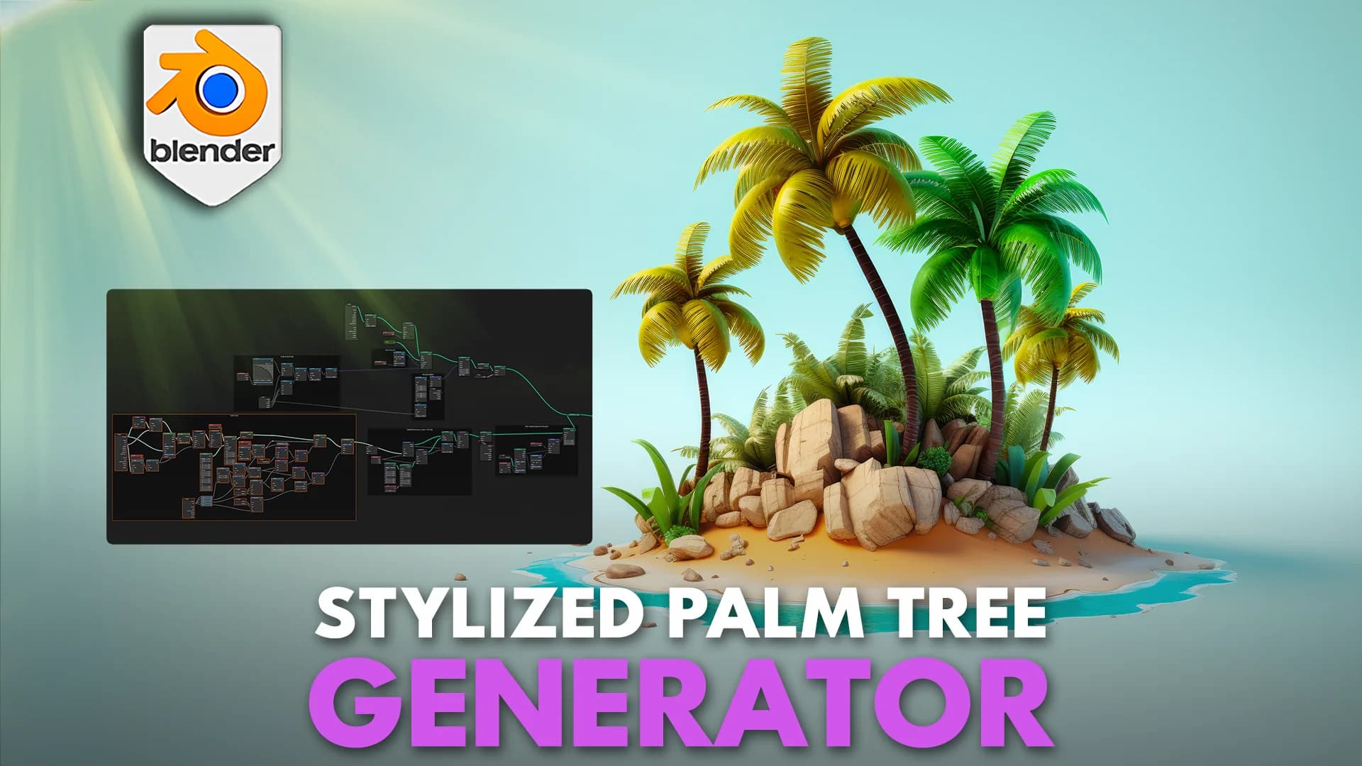 3D Tudor stylized palm tree generator artwork showing a Blender logo, a node-tree inset, and palm tree island render.