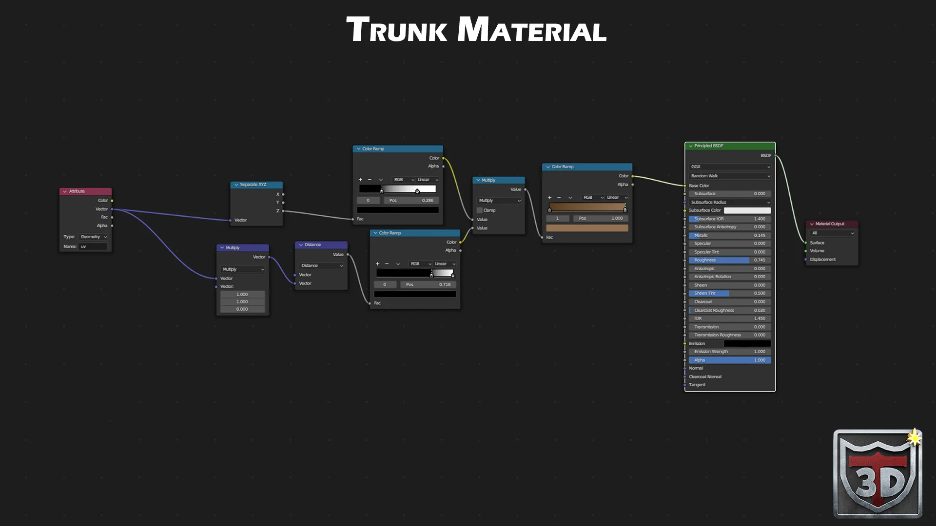 Blender shader node screenshot labelled Trunk Material, showing color ramp and Principled BSDF setup for the palm trunk.